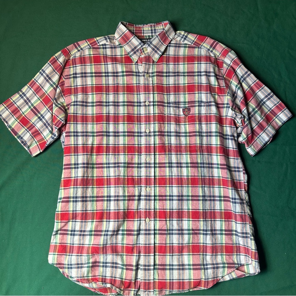VTG Polo Ralph Lauren Golf  Shirt Mens Large Madras Plaid Tilden Button Down
